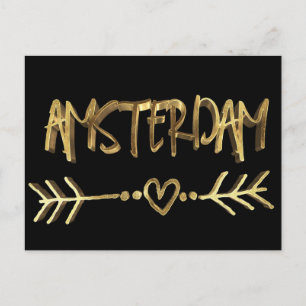 Amsterdam Dutch Love Elegant Black Gold Typography Postcard