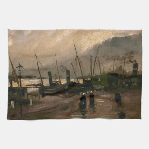 Amsterdam Fishermen's Harbour Storm by Vincent Gog Tea Towel