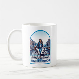 Amsterdam girl with bicycle on bridge coffee mug