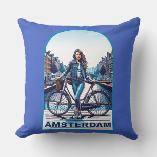 Amsterdam girl with bicycle on bridge cushion