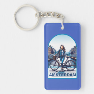 Amsterdam girl with bicycle on bridge key ring