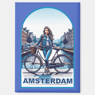Amsterdam girl with bicycle on bridge magnet