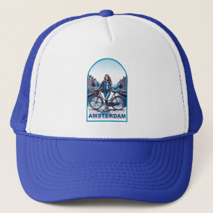 Amsterdam girl with bicycle on bridge trucker hat