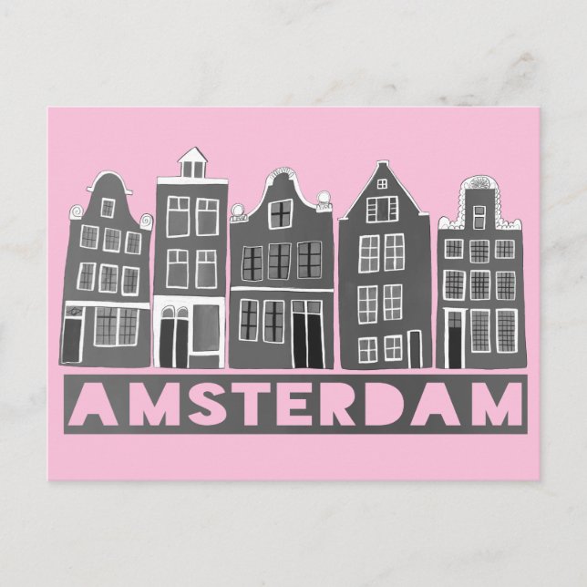 Amsterdam Holland Canal Houses Travel Black WHite Postcard (Front)