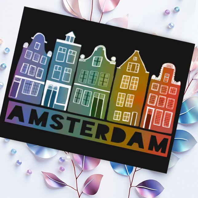 Amsterdam Holland Canal Houses Travel Colourful Postcard (Colorful Amsterdam canal houses on black background. Customize with your own text)