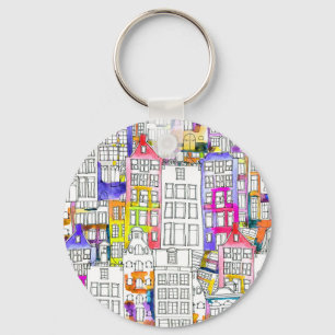 Amsterdam Houses: Watercolor Seamless Pattern Key Ring