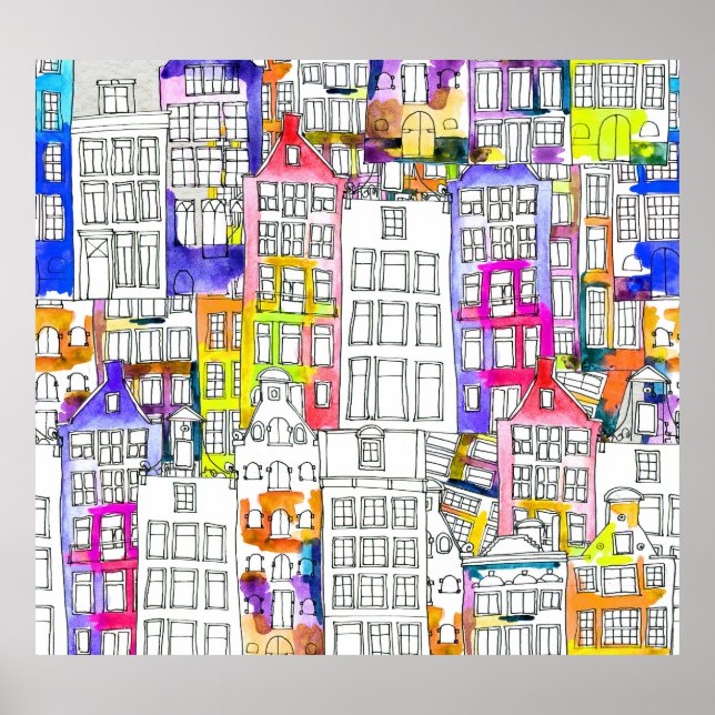 Amsterdam Houses: Watercolor Seamless Pattern Poster (Front)