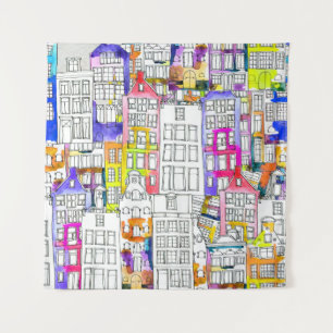 Amsterdam Houses: Watercolor Seamless Pattern Tapestry