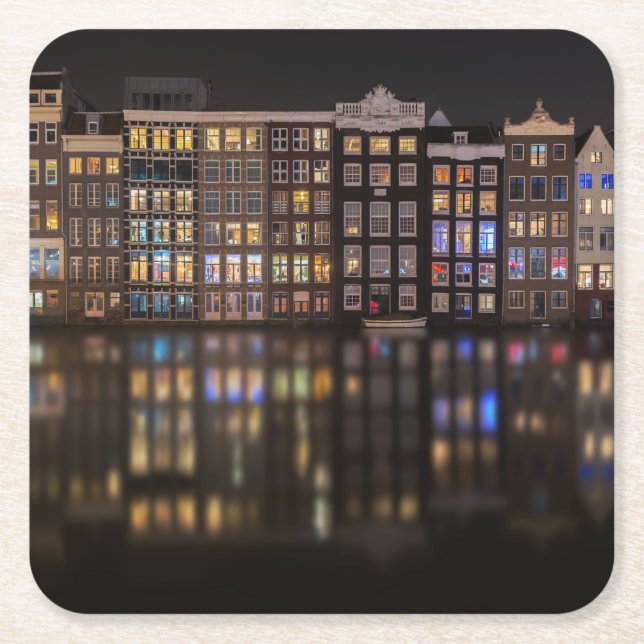 Amsterdam houses with colourful lights in the square paper coaster (Front)