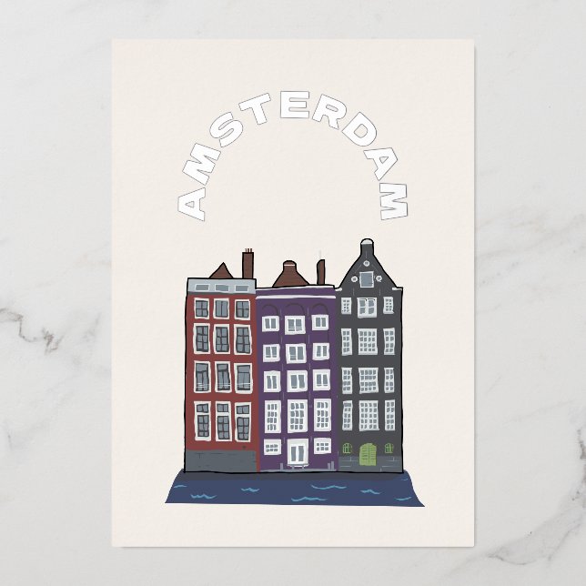 Amsterdam Iconic Architecture Art Illustration Foil Holiday Card (Front)