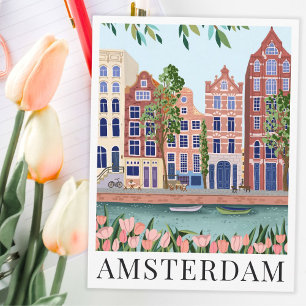 Amsterdam Lakeside Town View Travel Illustration Postcard