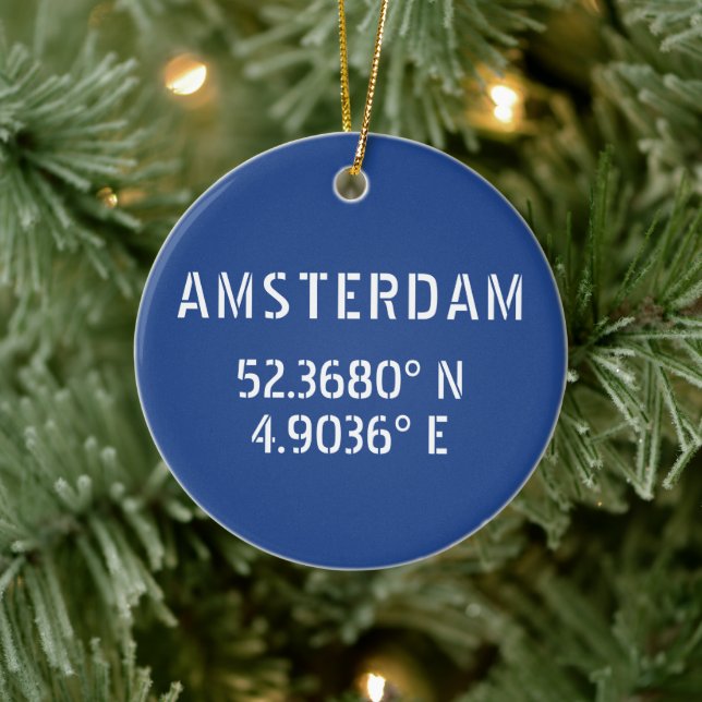 Amsterdam Latitude Longitude Blue Ceramic Ornament (Tree)