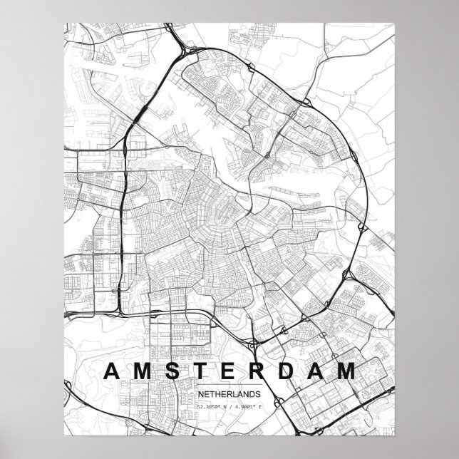 Amsterdam Minimalist Map (Black & White) Poster (Front)