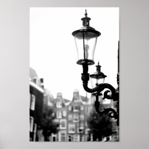 Amsterdam Moody Street Lamps Black & White Photo Poster