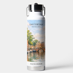 Amsterdam Netherlands Canal Colourful City Trave Water Bottle