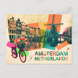 Amsterdam Netherlands Canal Vintage Pop Art Travel Postcard
