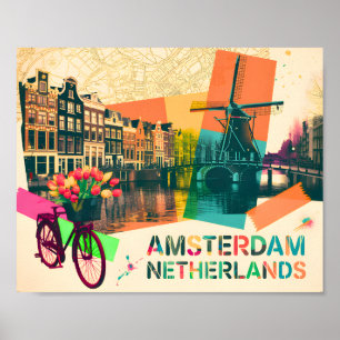 Amsterdam Netherlands Canal Vintage Pop Art Travel Poster