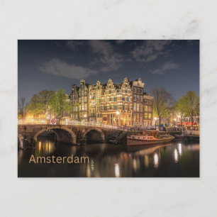 Amsterdam, Netherlands City Bridge Night View Postcard