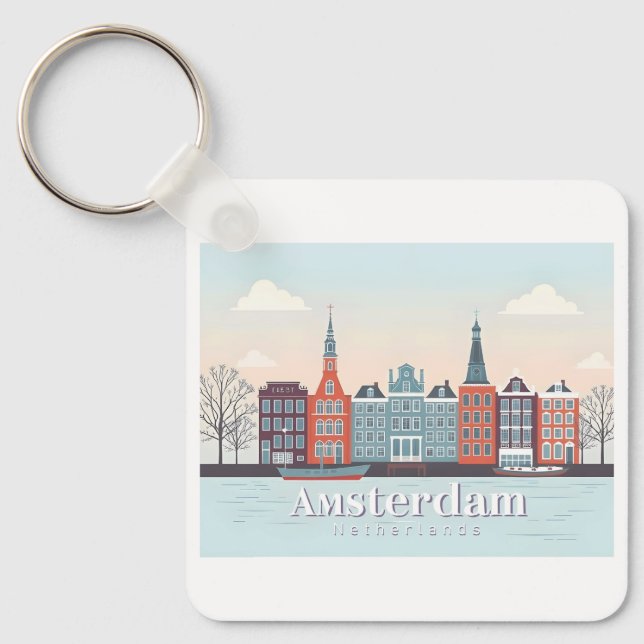 Amsterdam Netherlands Damrak Pastel Travel Key Ring (Front)