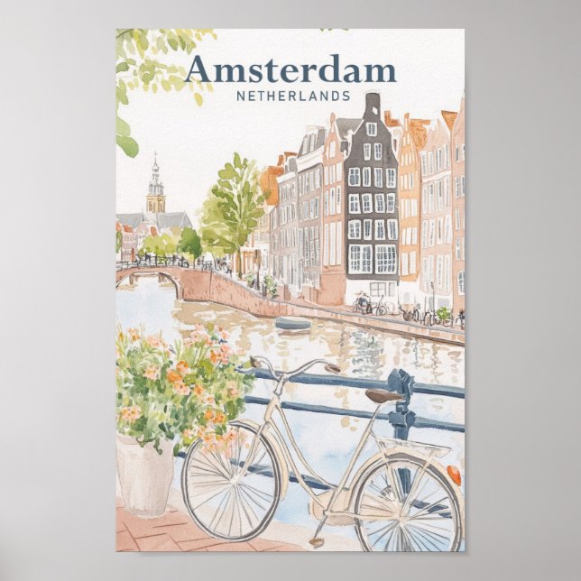 Amsterdam Netherlands Gouache Illustration Travel Poster (Front)