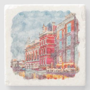 Amsterdam Netherlands Hand Drawn Watercolor Sketch Stone Coaster