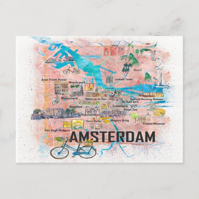 Amsterdam Netherlands Illustrated Map  Postcard (Front)