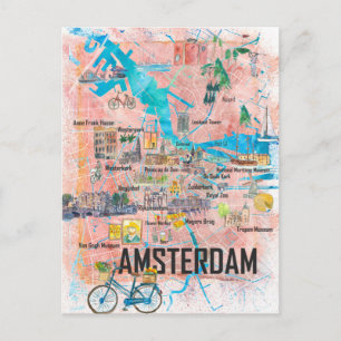 Amsterdam Netherlands Illustrated Map with Roads Postcard