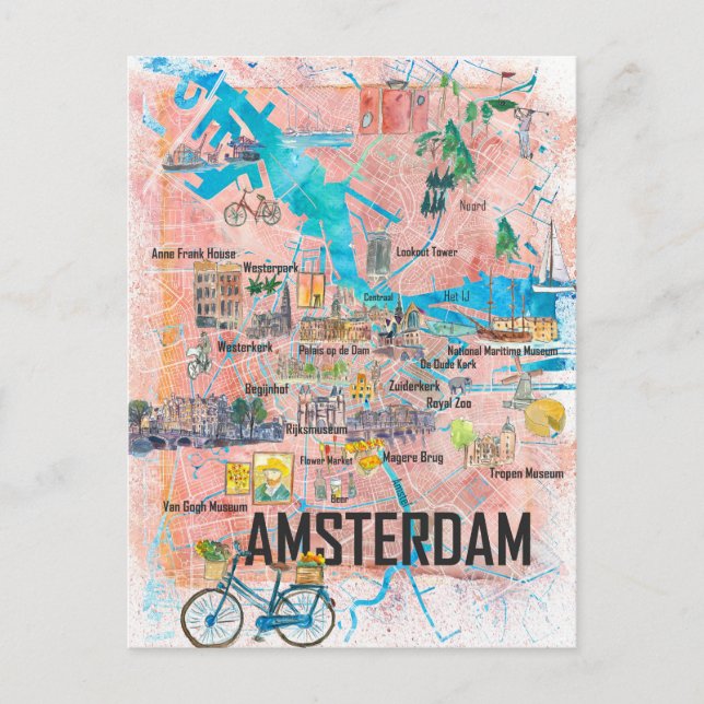Amsterdam Netherlands Illustrated Map with Roads Postcard (Front)