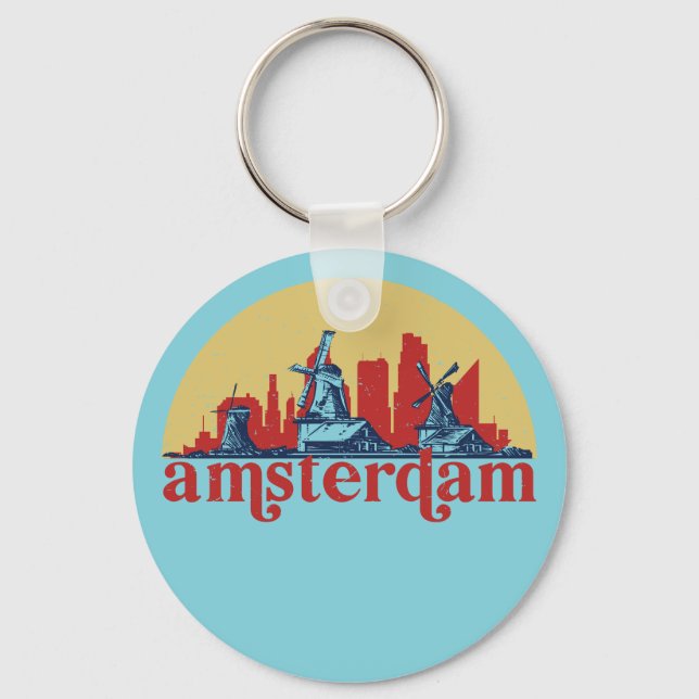 Amsterdam Netherlands Retro City Skyline Cityscape Key Ring (Front)