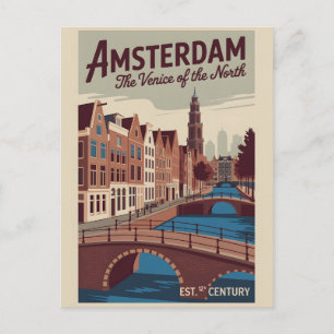 Amsterdam Netherlands Retro Skyline Travel Postcard