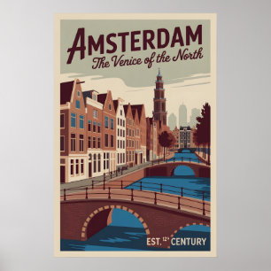 Amsterdam Netherlands Retro Skyline Travel Poster