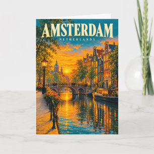 Amsterdam Netherlands Sunset Canal Vintage Travel Card