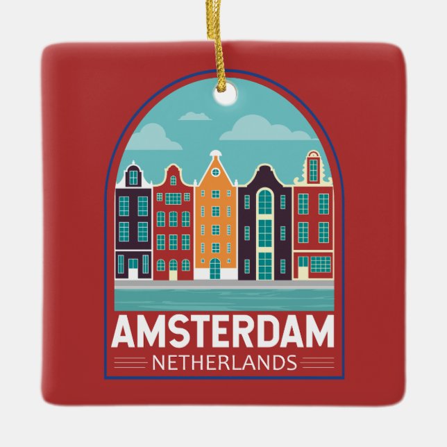 Amsterdam Netherlands Travel Art Vintage Ceramic Ornament (Front)