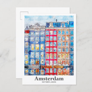 Amsterdam Netherlands Travel Watercolor Hand Drawn Postcard