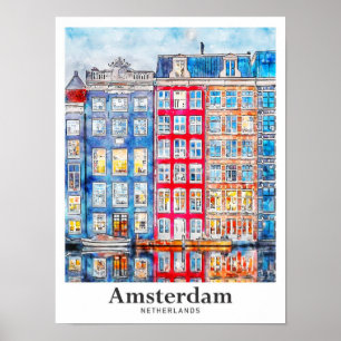 Amsterdam Netherlands Travel Watercolor Hand Drawn Poster