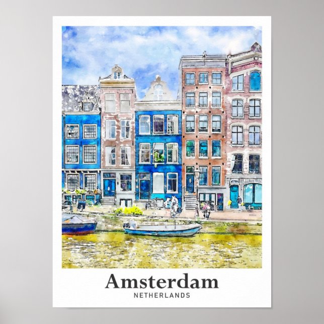 Amsterdam Netherlands Travel Watercolor Hand Drawn Poster (Front)