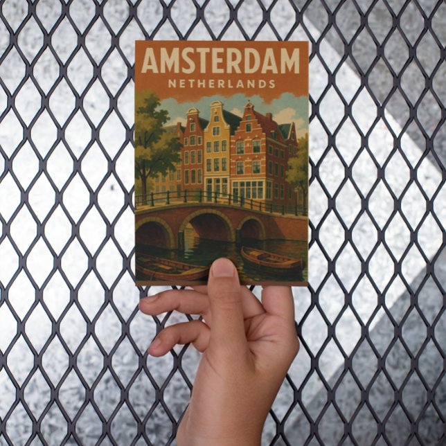 Amsterdam Netherlands Vintage Canal View Postcard (vintage amsterdam holland travel postcard)