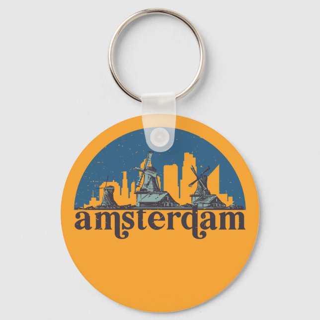 Amsterdam Netherlands Vintage City Skyline Key Ring (Front)