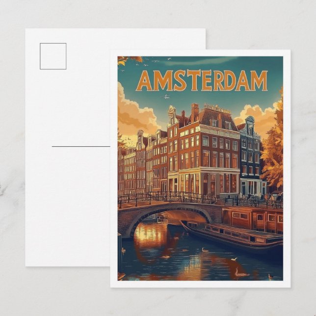 Amsterdam Netherlands Vintage Illustration Travel Postcard (Front/Back)