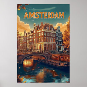Amsterdam Netherlands Vintage Illustration Travel Poster