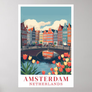 Amsterdam Netherlands Vintage Travel Bicycles Art Poster