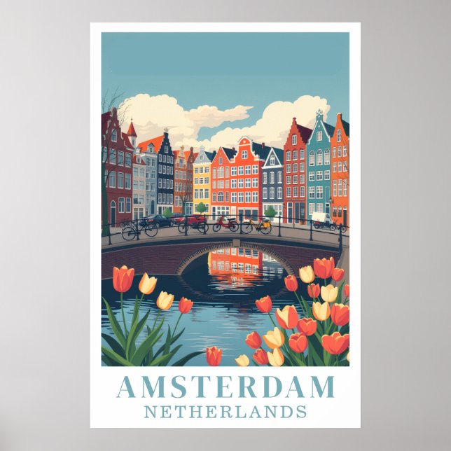 Amsterdam Netherlands Vintage Travel Bicycles Art Poster (Front)