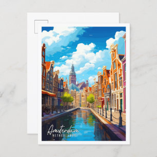 Amsterdam Netherlands vintage travel illustration Postcard