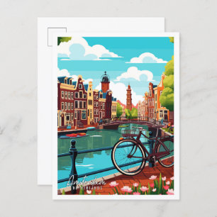 Amsterdam Netherlands vintage travel illustration Postcard