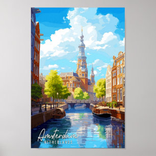 Amsterdam Netherlands vintage travel illustration Poster