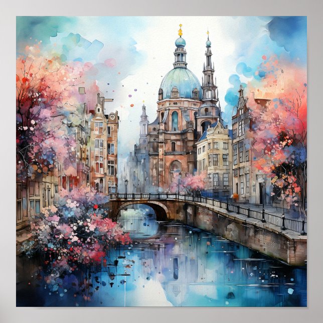 Amsterdam Netherlands Watercolor Painting   Poster (Front)