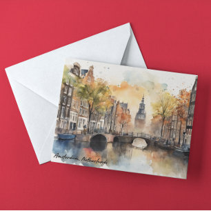 Amsterdam Netherlands Watercolor Panorama View Postcard