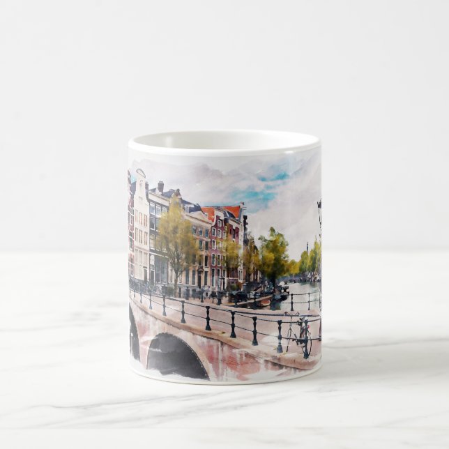 Amsterdam Netherlands Watercolor Vintage Travel Coffee Mug (Center)