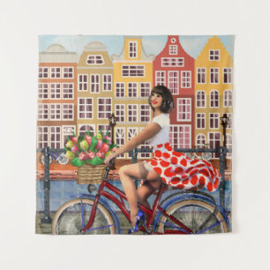 Amsterdam Poster: Pin-Up Girl Cycling. Tapestry