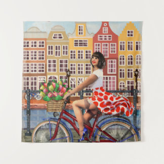 Amsterdam Poster: Pin-Up Girl Cycling. Tapestry